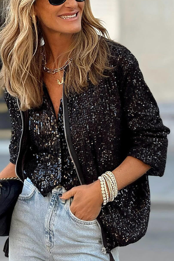Star Kisses Sequin Zipped Long Sleeve Relaxed or Party Coat | Consonak