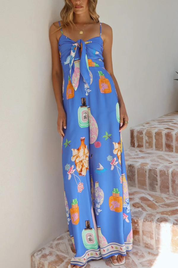 Perfume Bottle Print Strappy Fitted Waist Casual Pocket Wide-Leg Jumpsuit