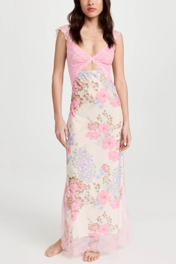Floral Print Lace Patchwork Hollow-out Slim-fit Midi Dress-consonak