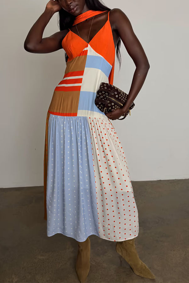 Vibrant Touch Color-blocked Polka Dot Print Slip Pleated Hem Maxi Dress-consonak