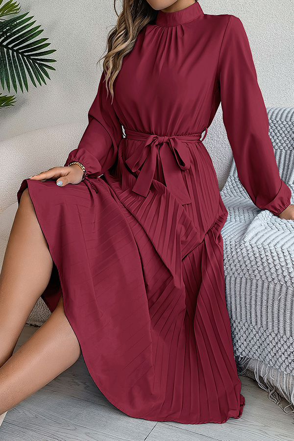 Elegant Stand-collar Long-sleeve Waisted Tie-up Pleated Midi Dress-consonak