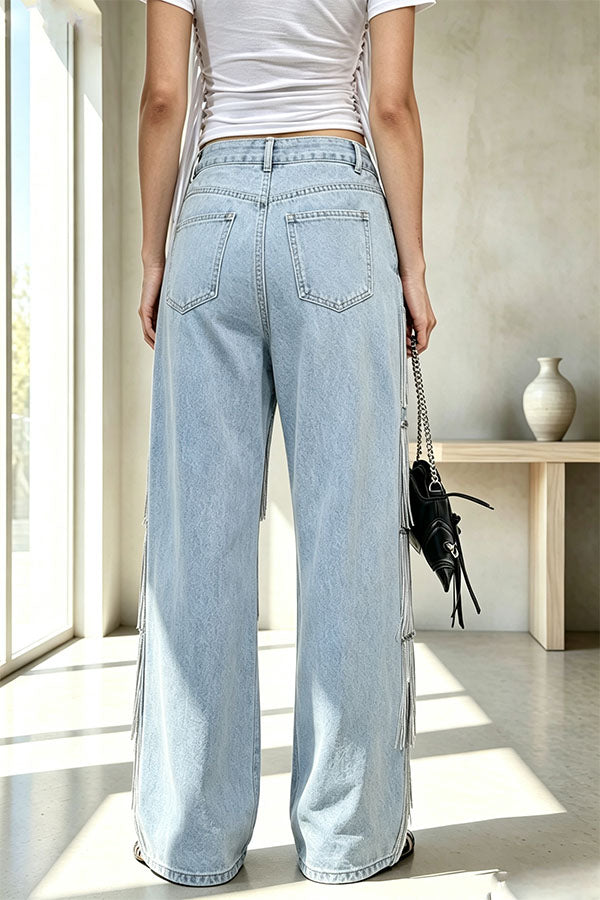 Nightclub Style Denim Metallic Tassel High Rise Pocket Wide Leg Jeans-Consonak