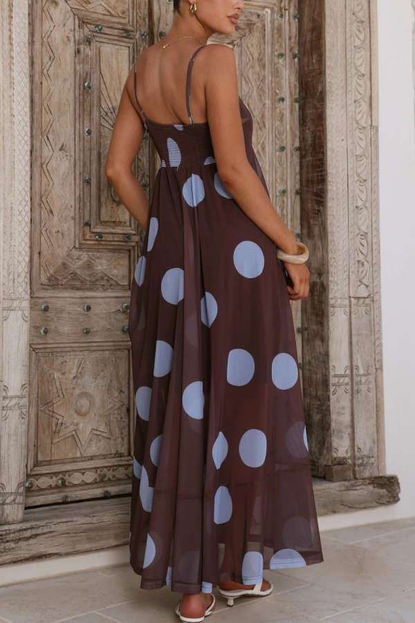 Polka Dot Print Mesh Spaghetti Strap Square Neck Vacation Maxi Dress