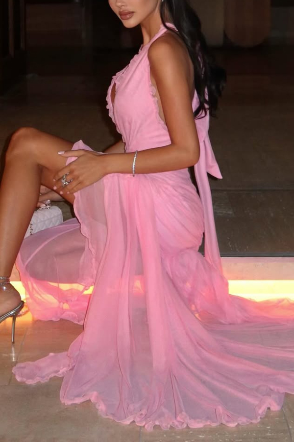 Elegant V-neck Sleeveless Pleated Ribbon Mesh Hem Maxi Dress-consonak