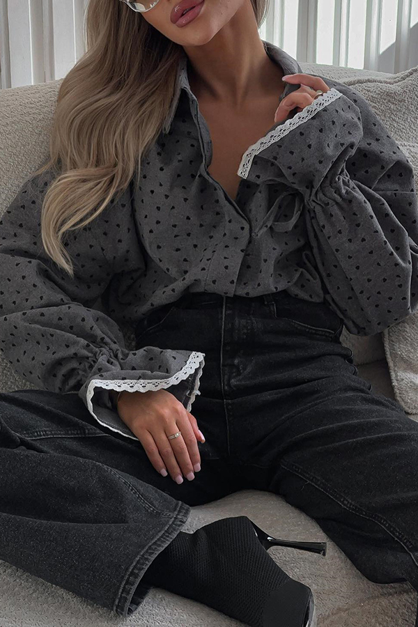 Fashionable Love Polka Dot Lapel Lace Cuffs Casual Shirt-consonak