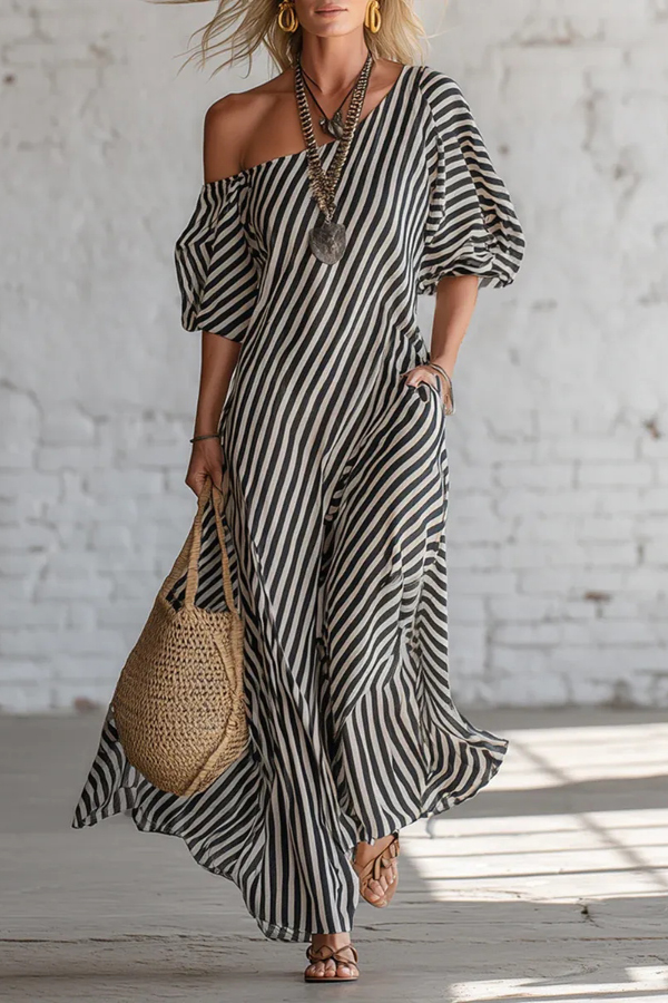 Fashionable Striped Print Slash Neck Puff Sleeve Casual Maxi Dress | Consonak