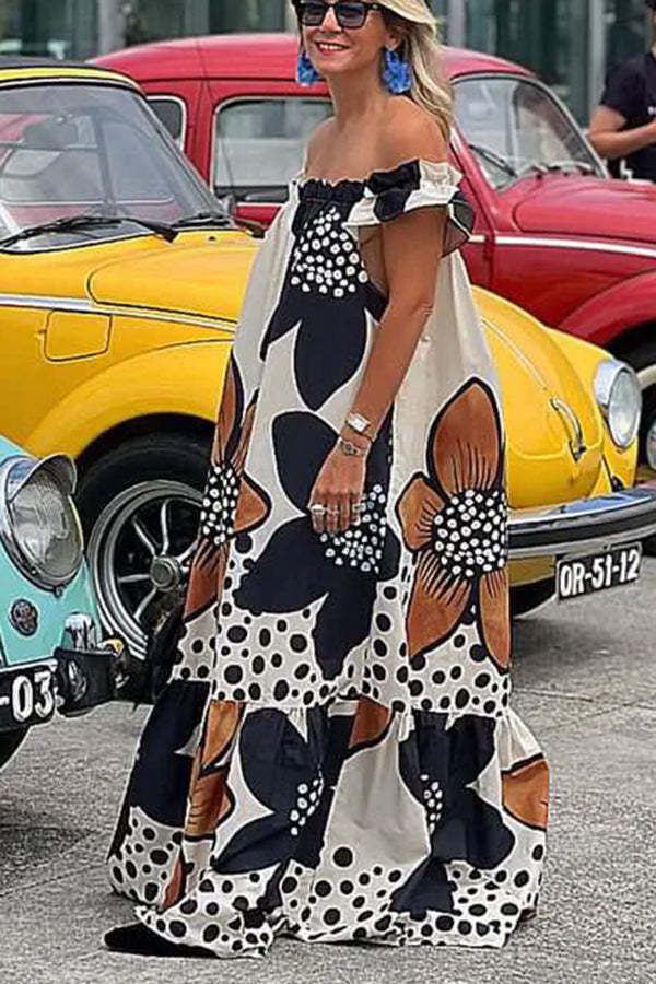 Bloom Season Linen Blend Floral Printed Off Shoulder Pocketed A-line Maxi Dress-consonak