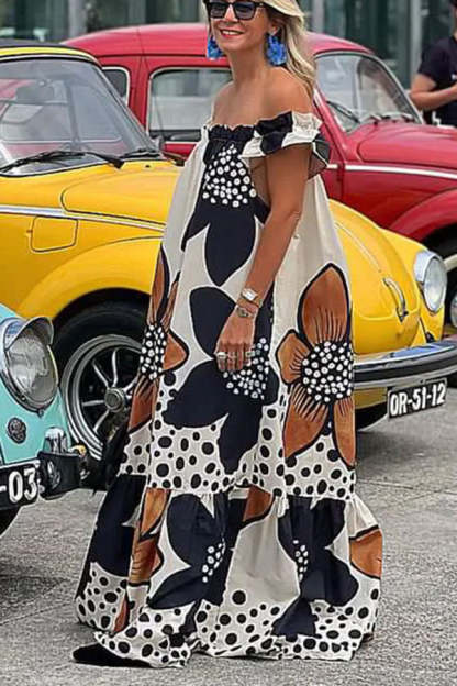 Bloom Season Linen Blend Floral Printed Off Shoulder Pocketed A-line Maxi Dress-consonak