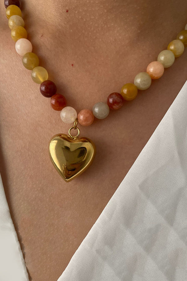 Multicolor Mixed Beaded Heart Pendant Necklace-consonak