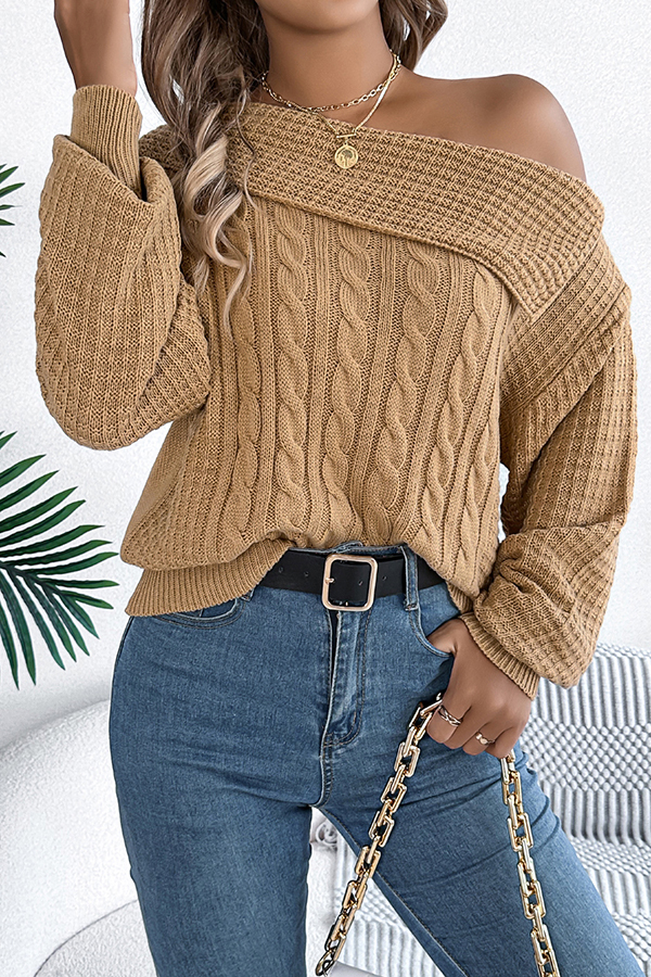 Solid Color Casual One Shoulder Long Sleeve Knitted Sweater-consonak