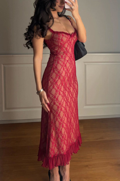 Stylish Plaid Camisole Lace Slim-fit Elegant Midi Dress-consonak