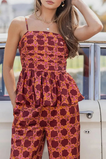 Chainlink Printed Bubble Back Pleated Slip Top and Elastic Waist Pocket Loose Pants Set-consonak