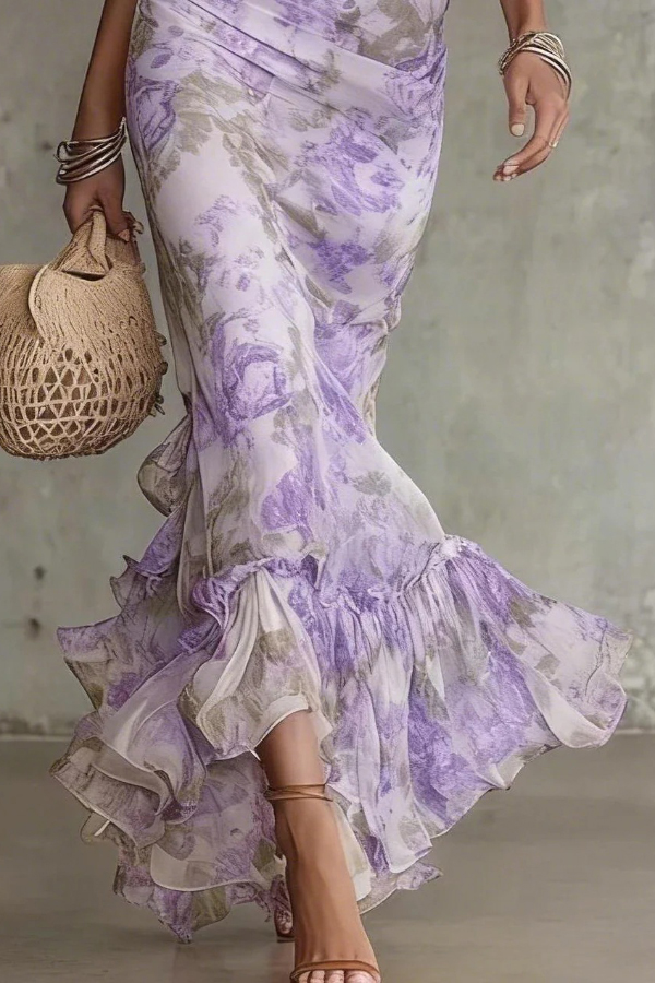 Unique Print Stand Collar Puff Sleeve Slim Fit Ruffle Maxi Dress | Consonak