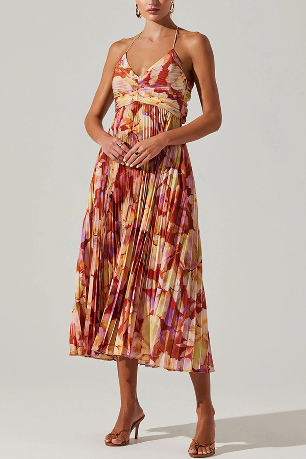 Wedding Party Season Floral Print Pleated Back Tie-up Midi Dress-consonak