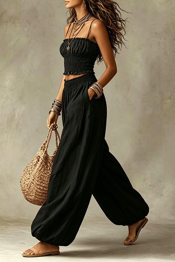 Olive Gypsy  pleated crop top and high-waisted wide-leg pants set-Consonak