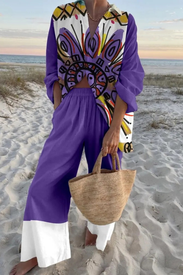 Abstract Print Oversized Shirt and Elastic Waist Pocket Pants Set