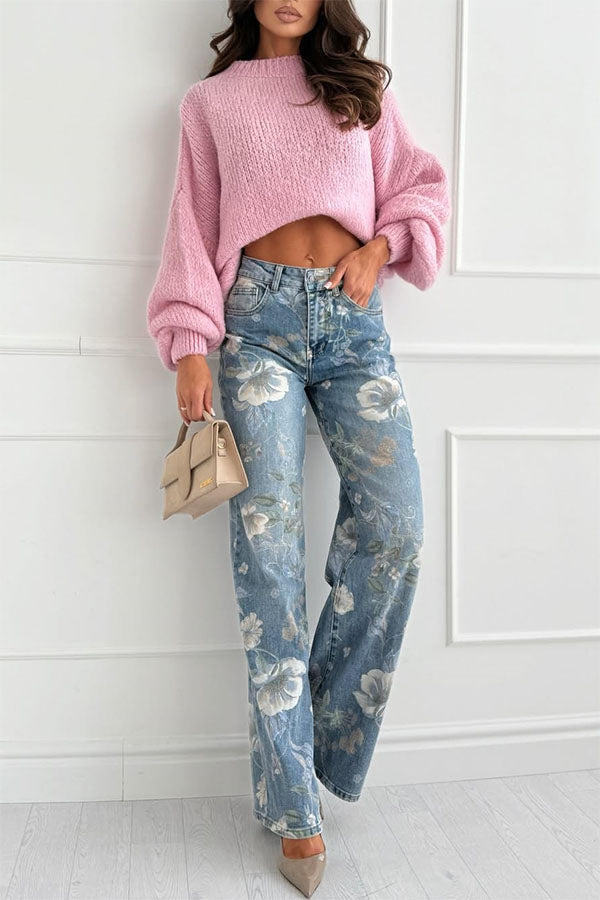 Uptown Bloom Denim Floral Print High Rise Pocket Straight Leg Jeans