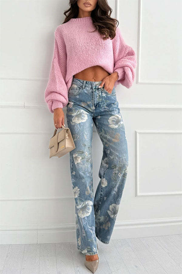 Uptown Bloom Denim Floral Print High Rise Pocket Straight Leg Jeans