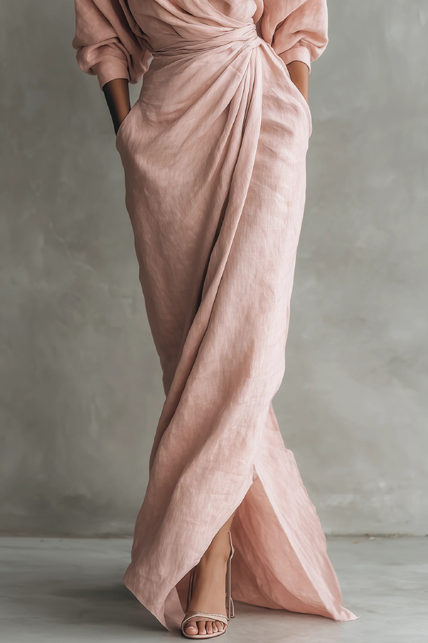 Linen Blend Loose V-neck Pleated Waist Casual Pocket Maxi Dress-consonak