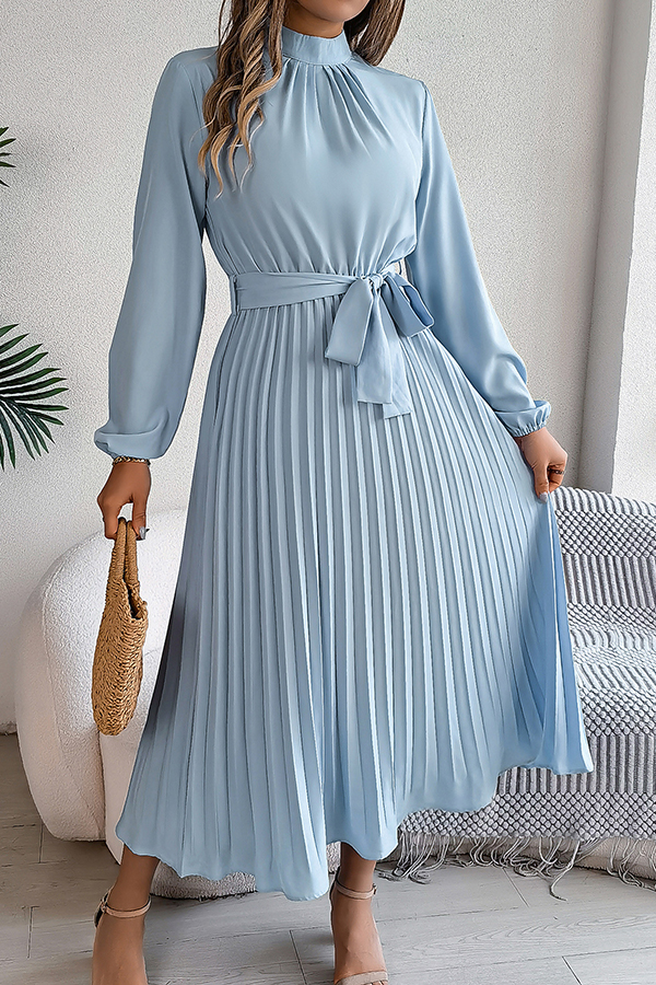 Elegant Stand-collar Long-sleeve Waisted Tie-up Pleated Midi Dress-consonak