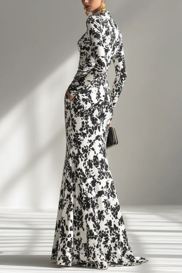 Black and White Color-blocked Printed Long-sleeved Pocket Slim-fit Pleated Maxi Dress | Consonak