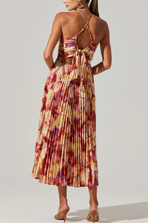 Wedding Party Season Floral Print Pleated Back Tie-up Midi Dress-consonak