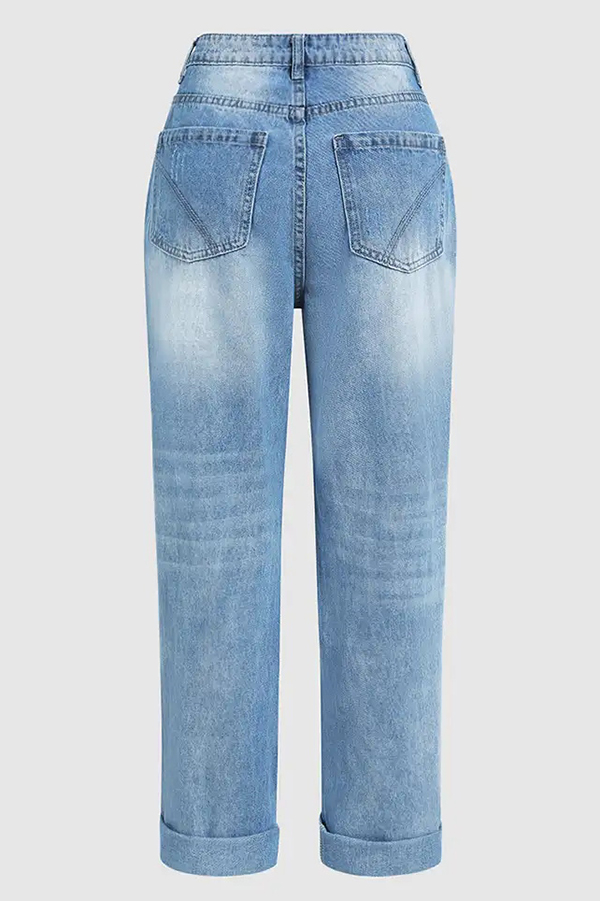 Stylish Ripped Low-rise Button Pocket Baggy Straight-leg Jeans-consonak
