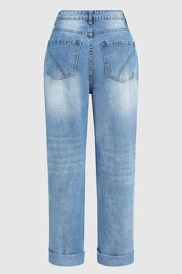 Stylish Ripped Low-rise Button Pocket Baggy Straight-leg Jeans-consonak