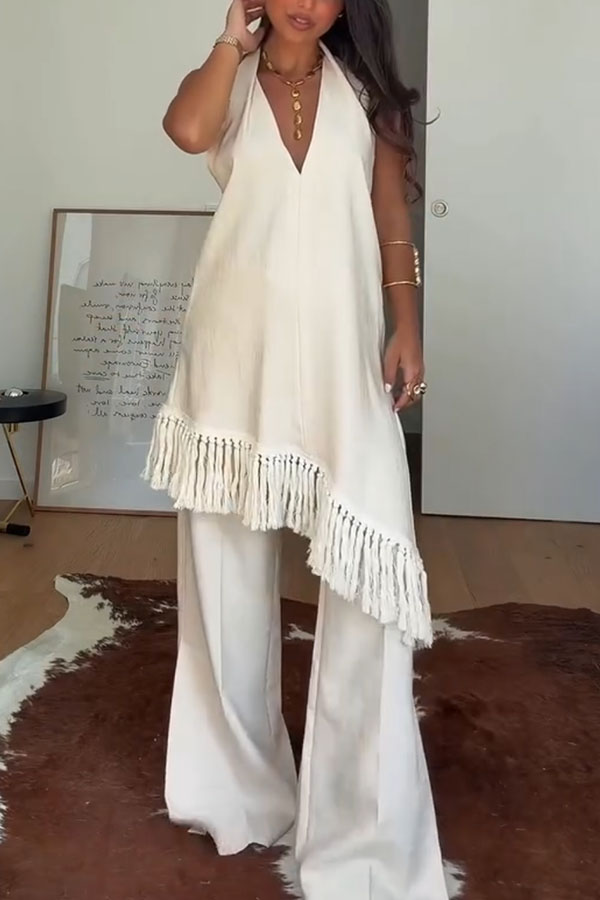 Kortnie Linen Blend Tassel Hem Halter A-line Top and High Rise Pocket Wide Leg Slit Pants Set-consonak