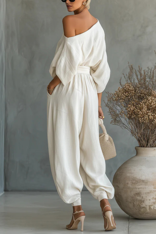 Solid Color Off-shoulder Loose Top and Elastic Waist Casual Pocket Wide-leg Pants Set | Consonak