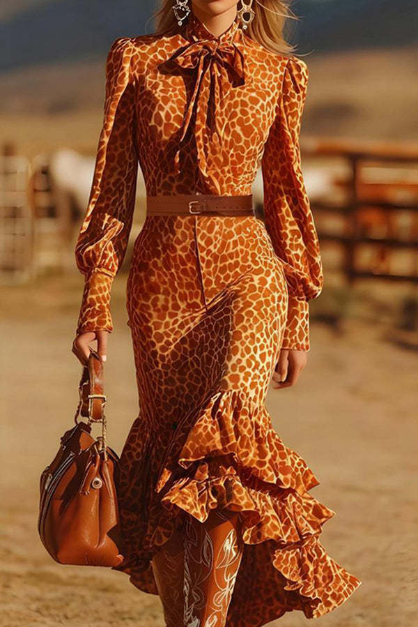 Leopard Print Long-sleeved Fitted Ruffle Maxi Dress-consonak