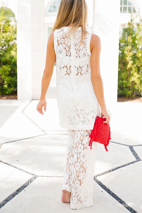 Chic Summer Floral Lace Sleeveless Midi Top and Elastic Waist Loose Pants Set-consonak