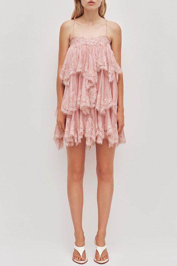 Ophelia Layered Lace Trim Tiers Adjustable Straps Backless A-line Mini Dress
