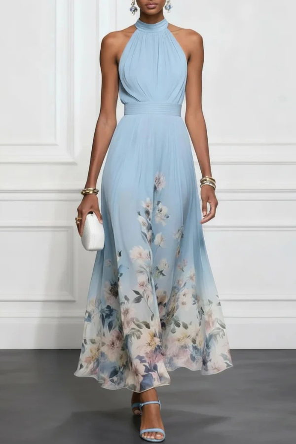 Floral Print Halter Neck Sleeveless Elegant Waist-cinching Maxi Dress | Consonak