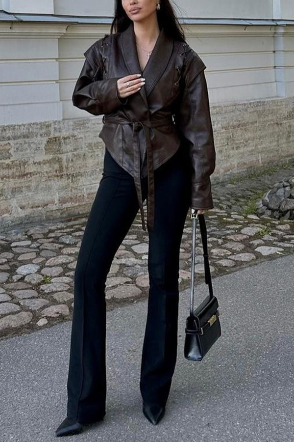 Street Warrior Faux Leather Distressed Style Lace-up Lapel Belt Oversized Jacket-consonak