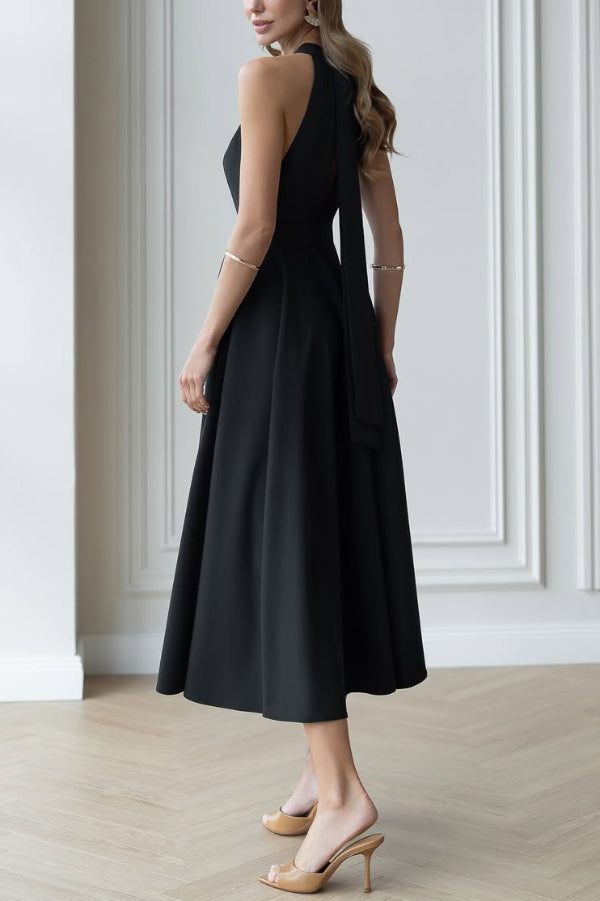Solid Color Halter Neck Bow Tie Elegant Waist-cinching Midi Dress-consonak