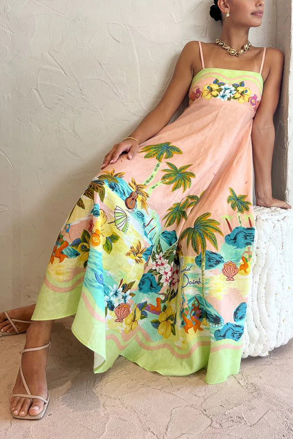 Coconut Scenery Linen Blend Tropical Print Smocked Back Midi Dress | Consonak