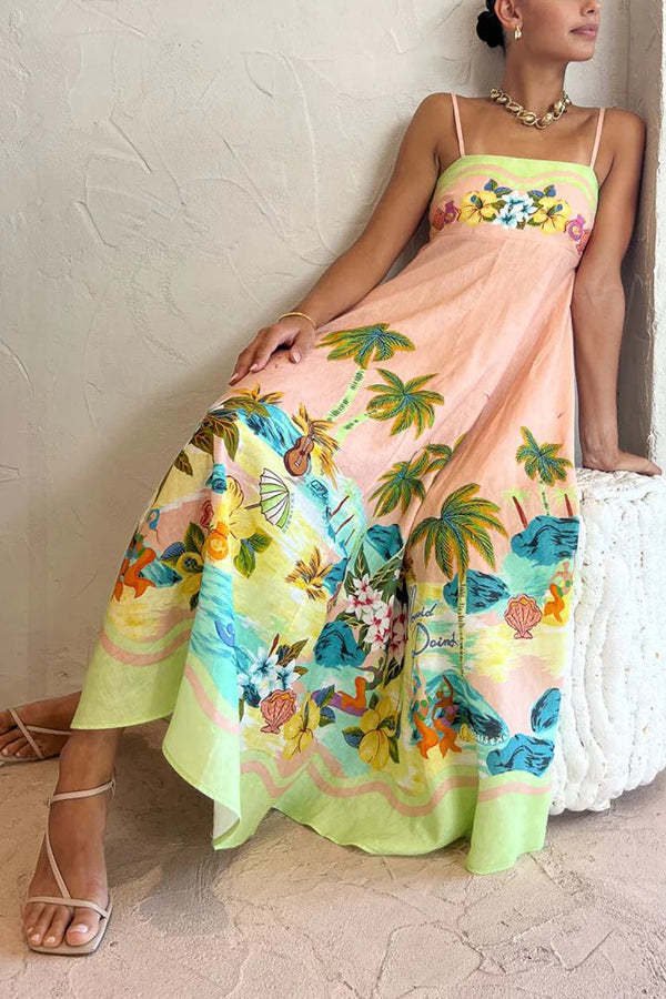 Coconut Scenery Linen Blend Tropical Print Smocked Back Midi Dress-consonak