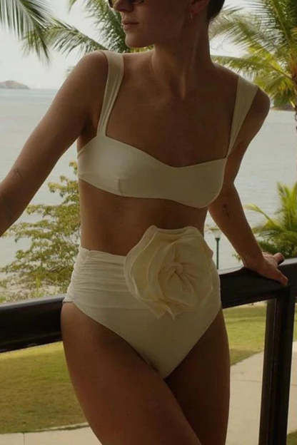Solid Color Square Neck High Waist 3D Floral Stretch Bikini Swimsuit-consonak