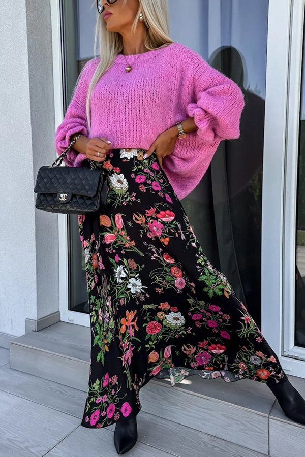 Solid Color Round Neck Ruffled Long Sleeve Knitted Sweater-consonak
