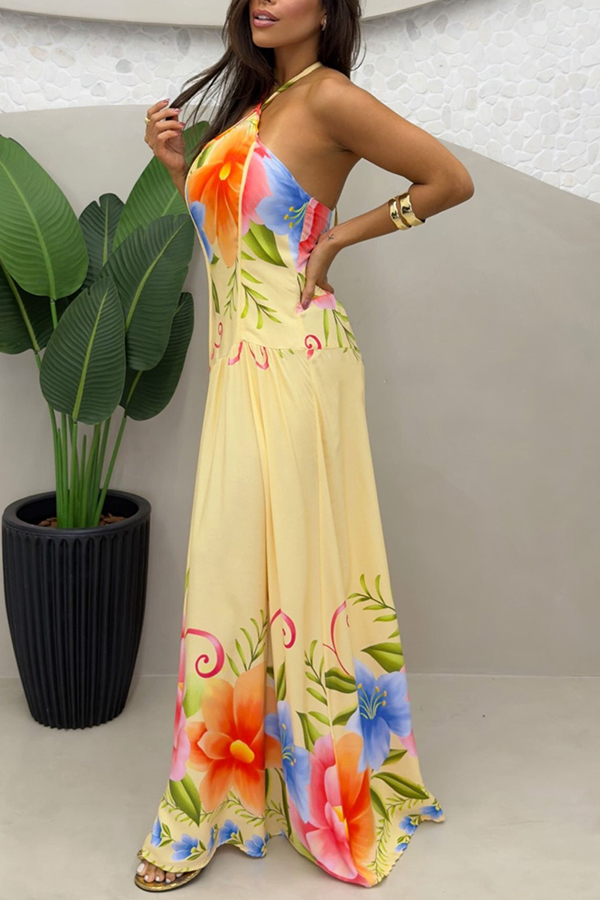 Lennora Floral Print Back Smocked Halter Tie-up Maxi Dress