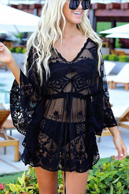 Skylar Embroidered Bell Sleeve Cover-up-consonak