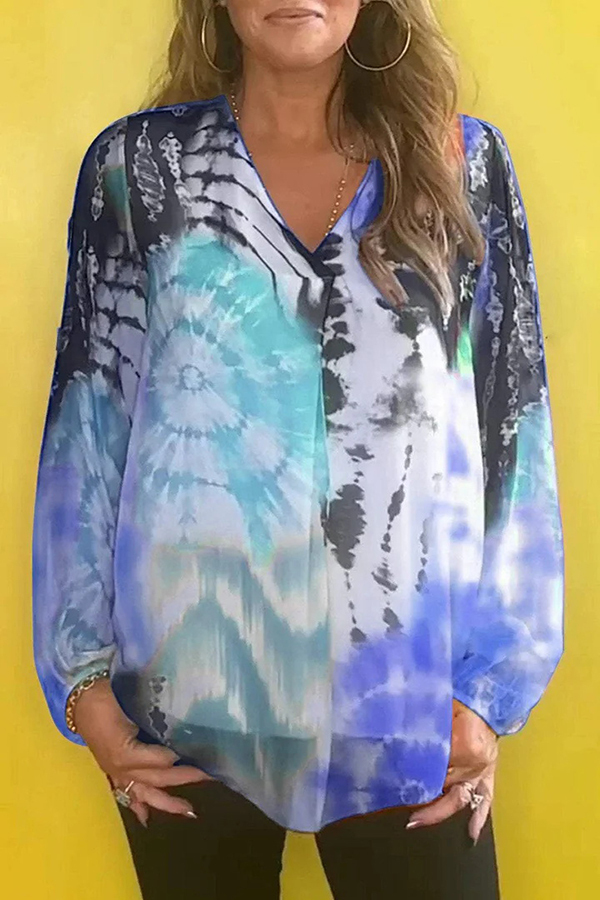 Fashionable Gradient Tie-dye V-neck Long-sleeved Casual Shirt-consonak