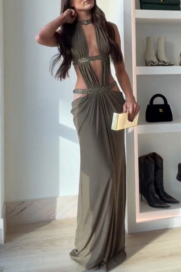 Khaki Hot-fix Rhinestone Shoulder Strap Cutout Design Backless Drape Maxi Dress-consonak
