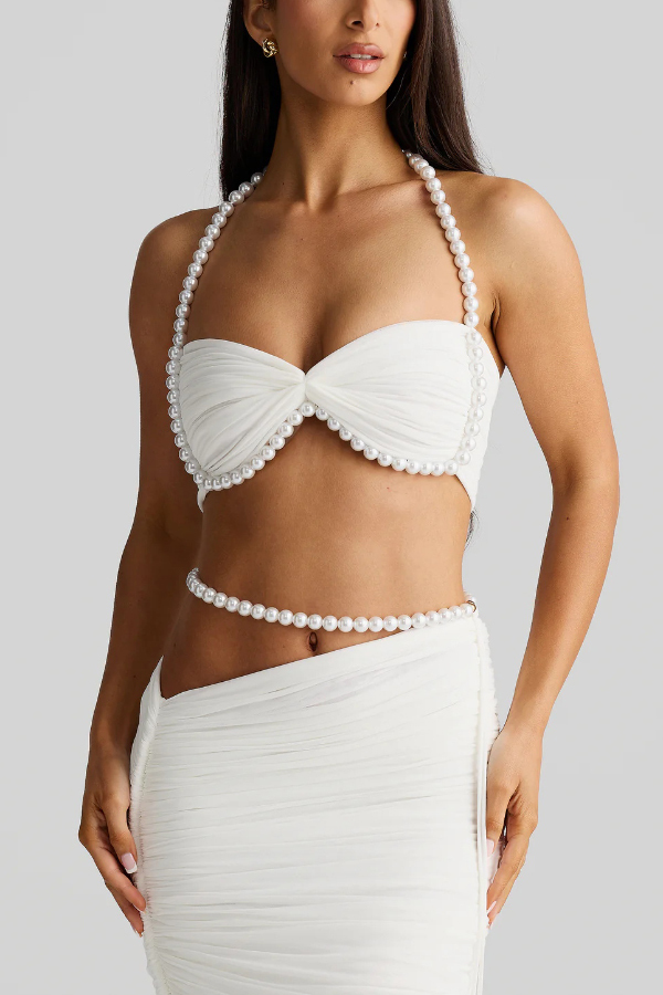 Imalia Stretch Mesh Pearl Trim Gathered Tank and  Detachable Belt Vacation Maxi Skirt Set-consonak