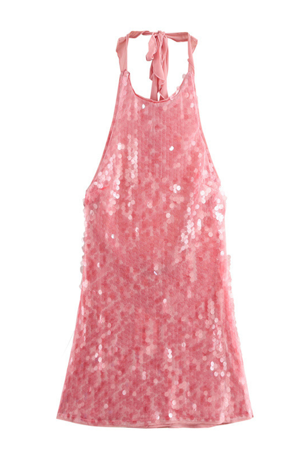 Sexy Rose Disc Sequin Halter Backless Mini Dress-consonak