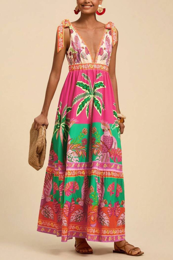 Tropical Rainforest Print Loose V-neck Casual Vacation Maxi Dress