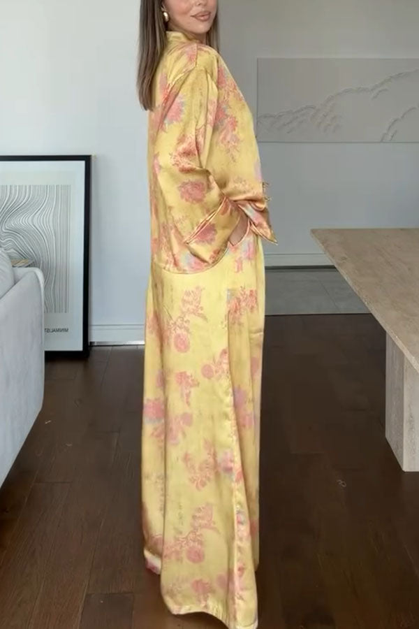 Floral Print Satin Knotted Button Long Sleeve Shirt and Elastic Waist Pocket Wide Leg Pants Set-Consonak
