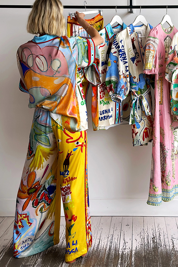 Raina Satin Unique Print Short-sleeved Loose Shirt and Elastic Waist Pocket Pants Set-consonak