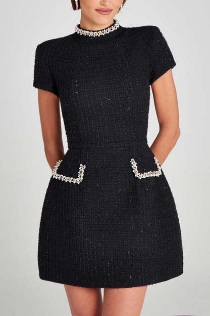 Exquisite and Playful Tweed Fabric Pearl Trim Short Sleeve Pocketed Mini Dress-consonak